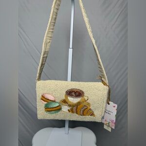 NWT Beaded Brunch Cream Clutch with Coffee and Macaron Design